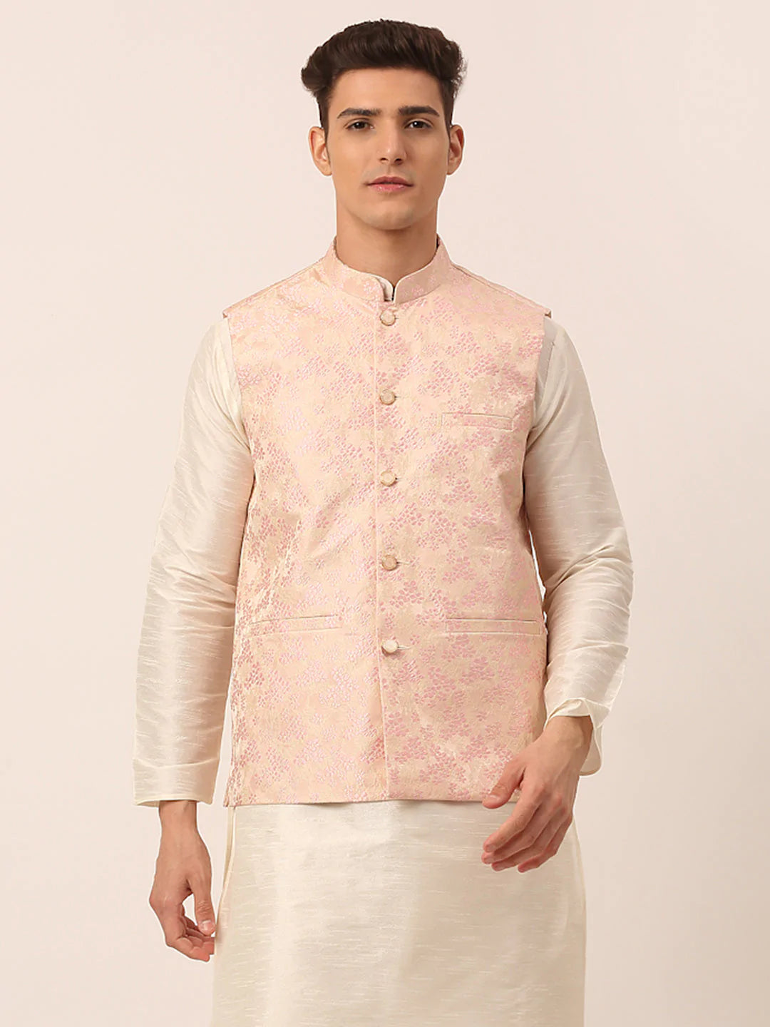 Men's Pink Floral Design Nehru Jacket.( JOWC 4042 Pink )