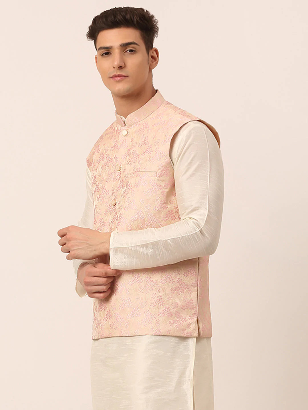 Men's Pink Floral Design Nehru Jacket.( JOWC 4042 Pink )