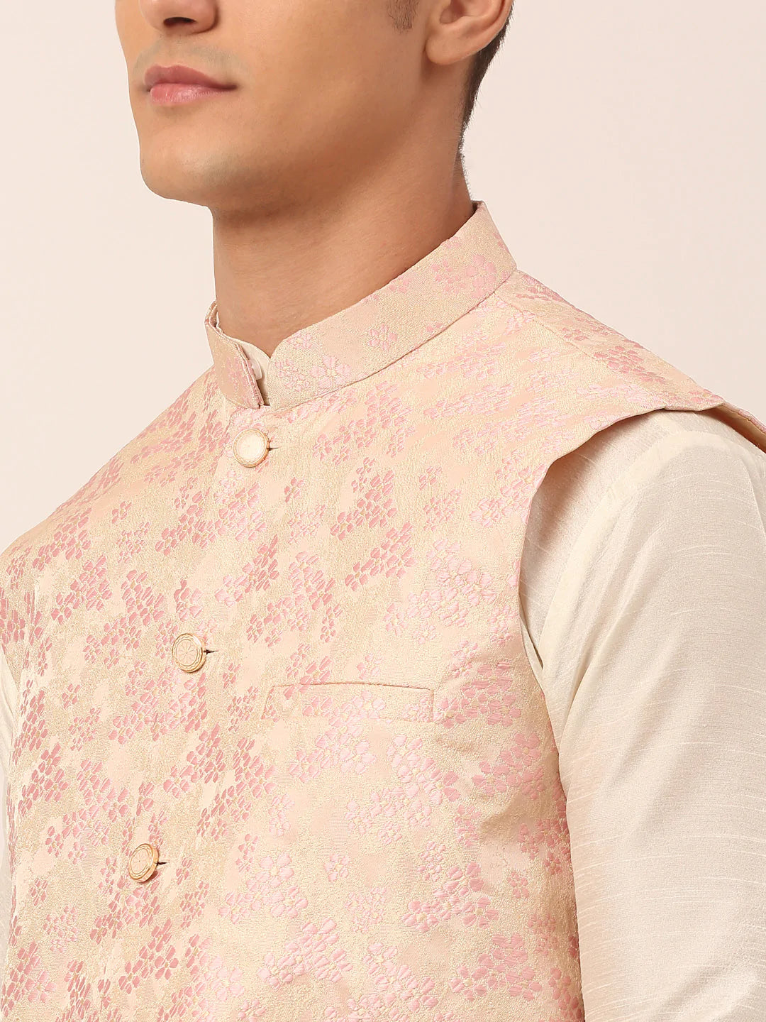 Men's Pink Floral Design Nehru Jacket.( JOWC 4042 Pink )