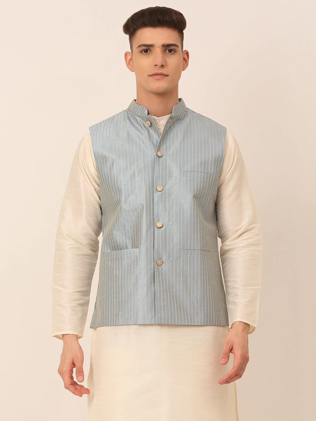 Men Blue & Golden Embroidered Nehru Jackets ( JOWC 4043 Blue )