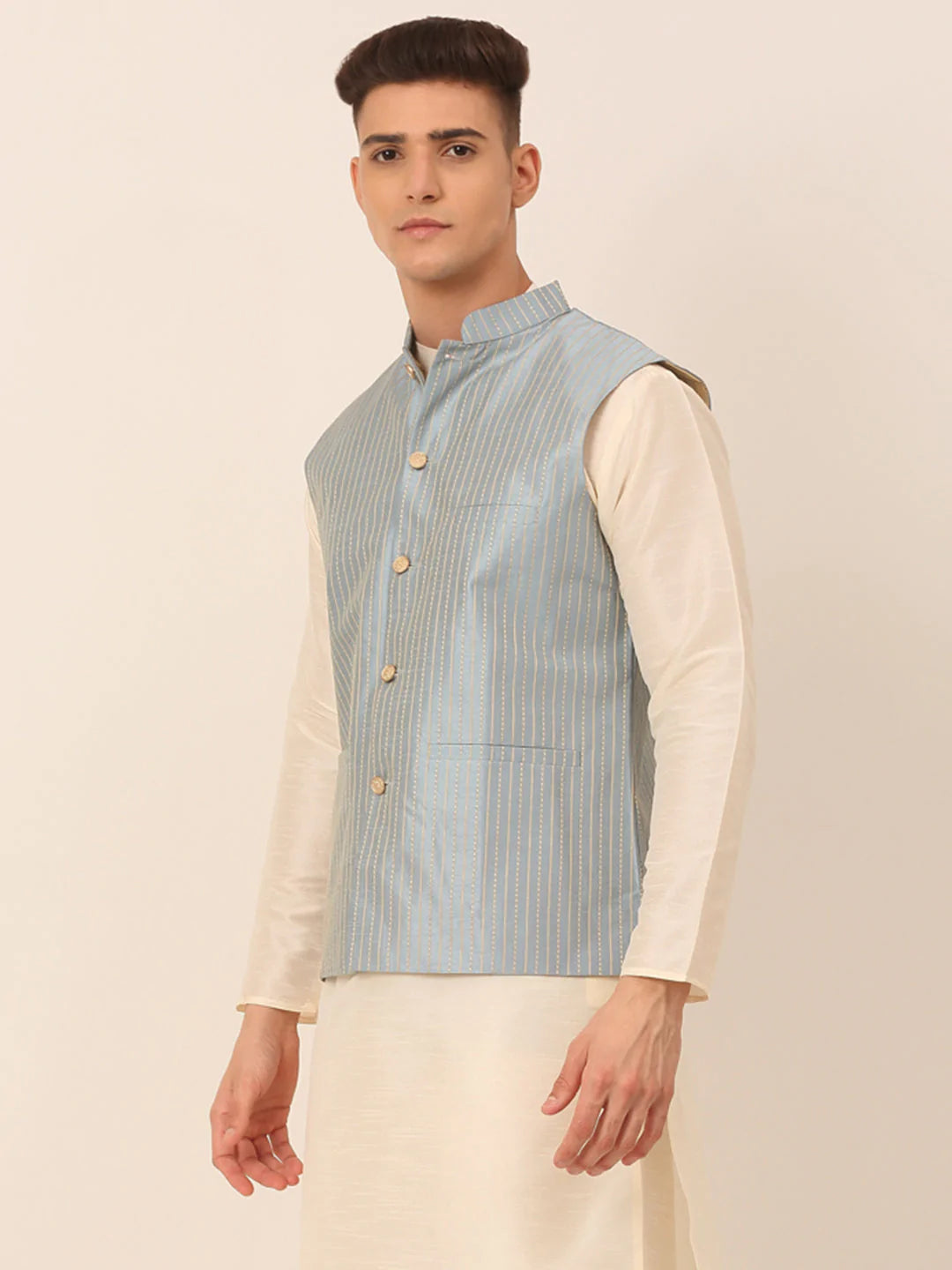 Men Blue & Golden Embroidered Nehru Jackets ( JOWC 4043 Blue )