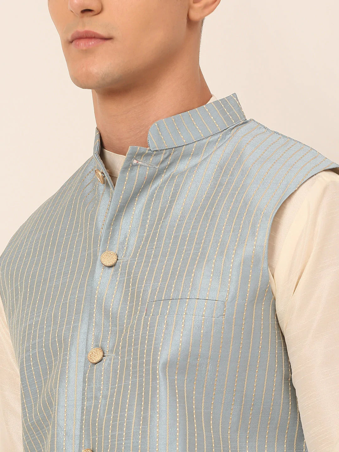 Men Blue & Golden Embroidered Nehru Jackets ( JOWC 4043 Blue )