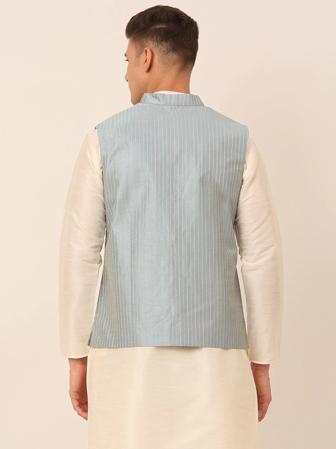 Men Blue & Golden Embroidered Nehru Jackets ( JOWC 4043 Blue )