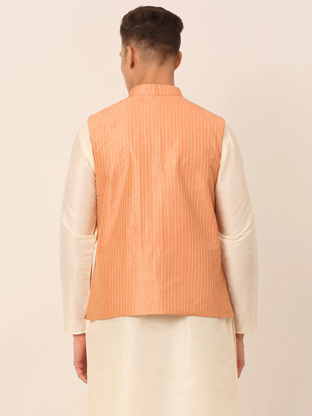 Men Peach & Golden Embroidered Nehru Jackets ( JOWC 4043 Peach )