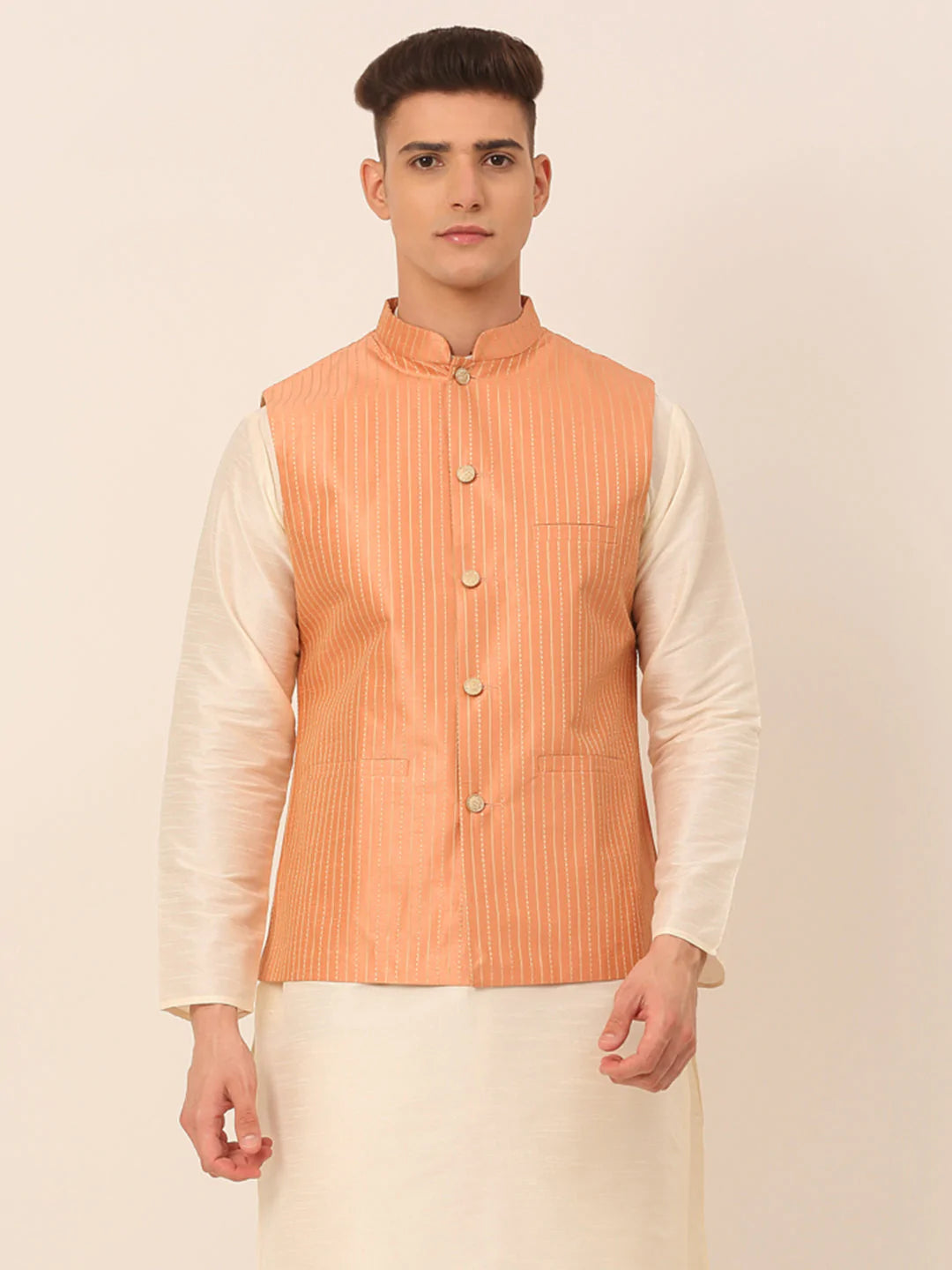 Men Peach & Golden Embroidered Nehru Jackets ( JOWC 4043 Peach )