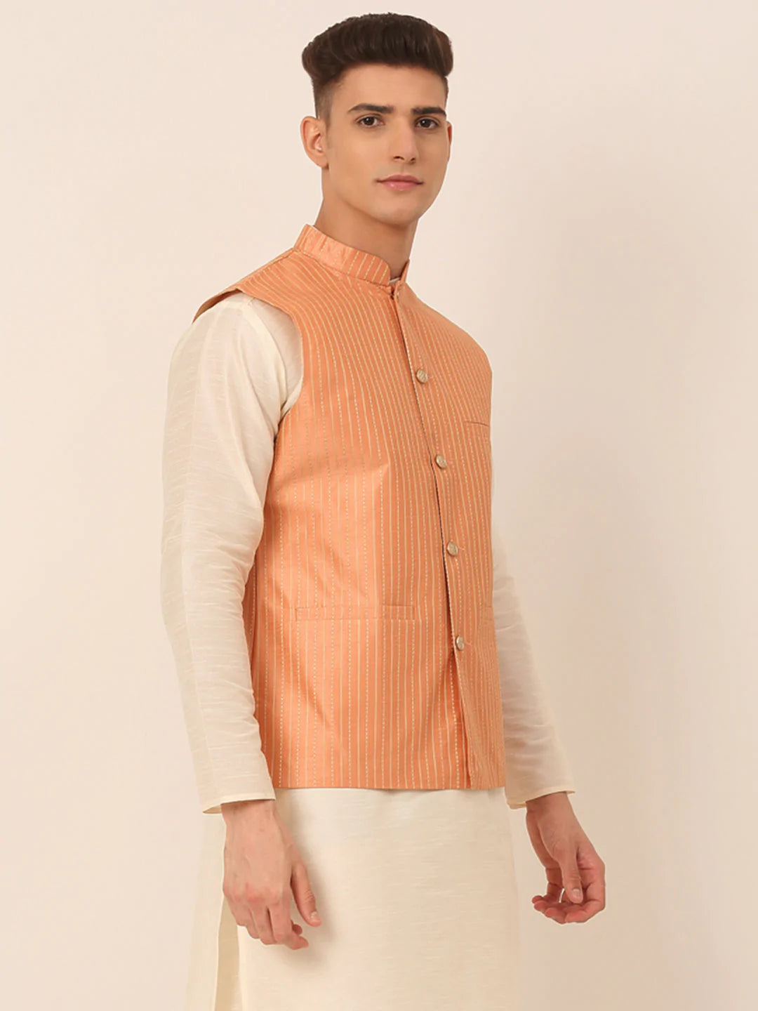 Men Peach & Golden Embroidered Nehru Jackets ( JOWC 4043 Peach )