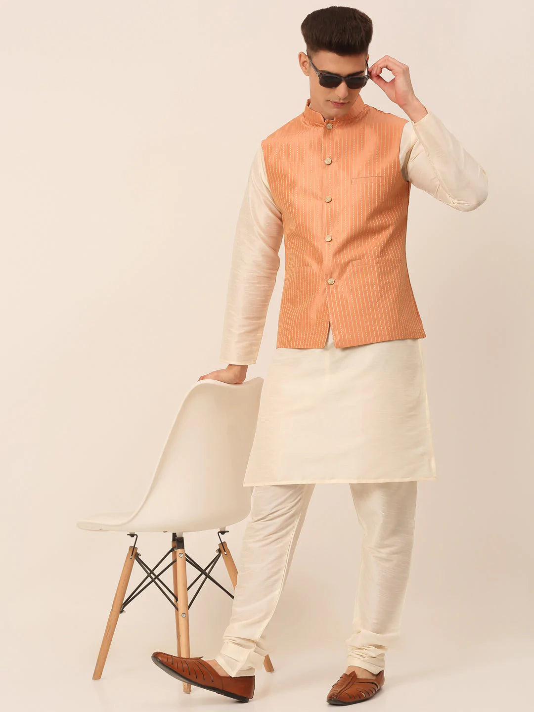Men Peach & Golden Embroidered Nehru Jackets ( JOWC 4043 Peach )