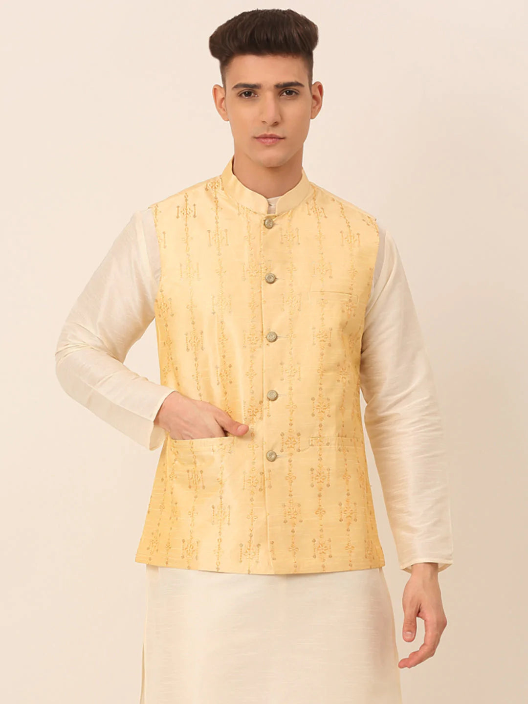 Men Golden Embroidered Woven Nehru Jackets ( JOWC 4044 Golden )