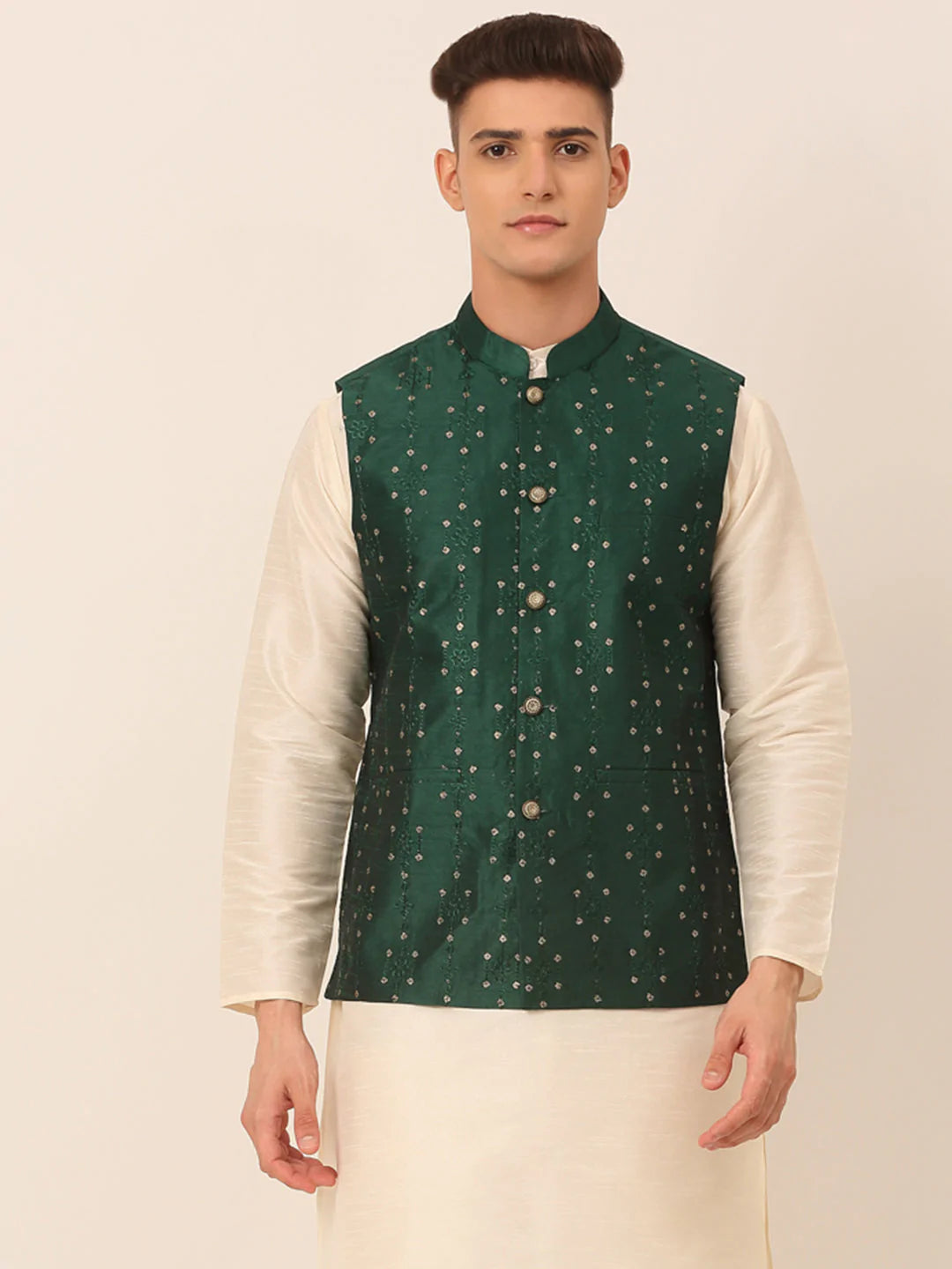 Men Green Embroidered Woven Nehru Jackets ( JOWC 4044 Green )