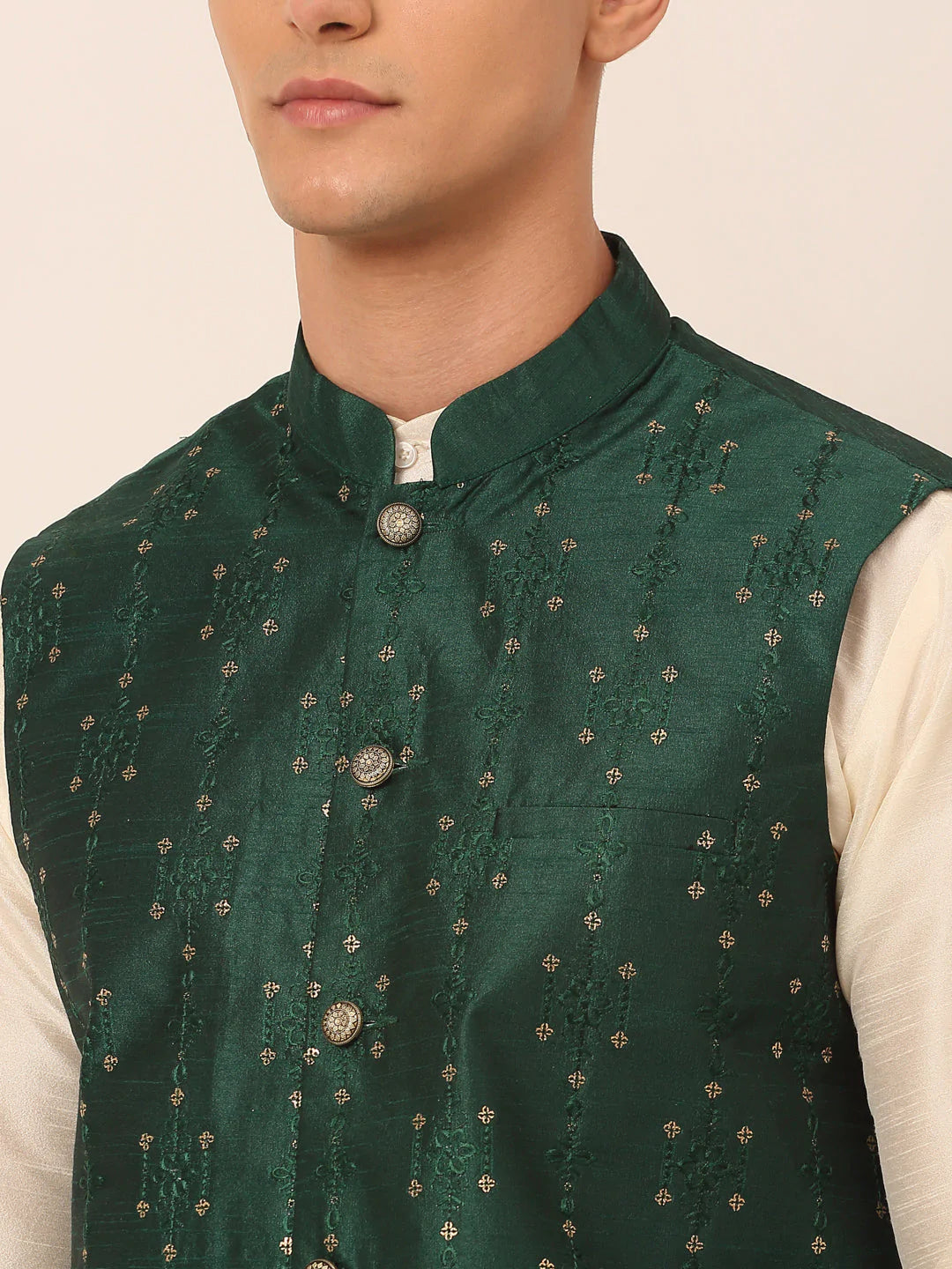 Men Green Embroidered Woven Nehru Jackets ( JOWC 4044 Green )