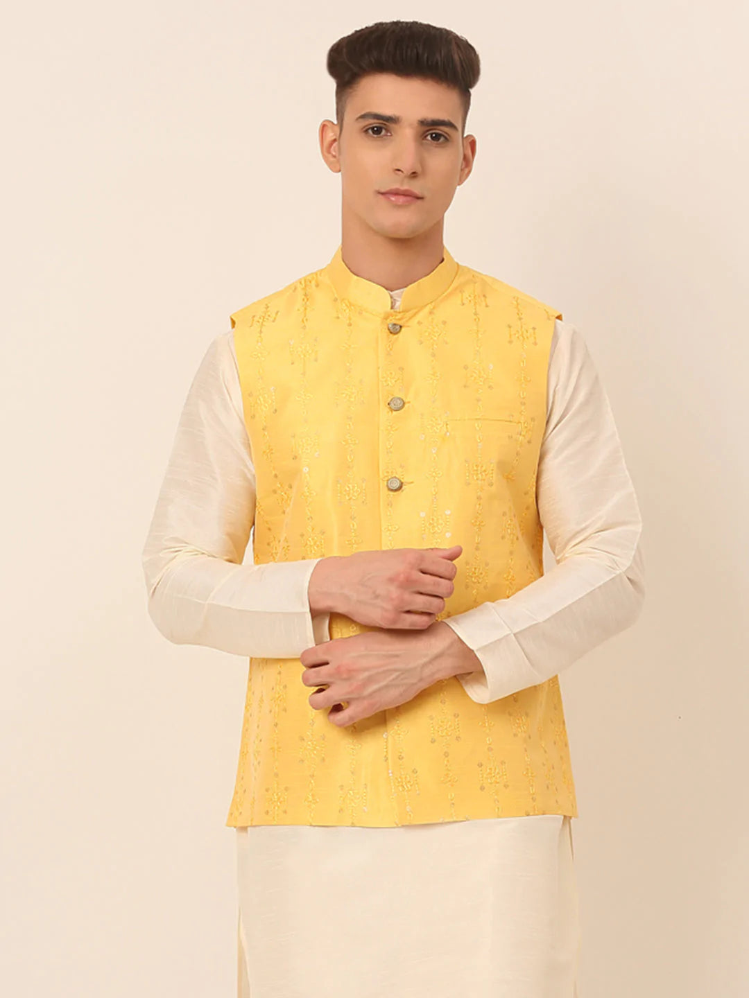 Men Yellow Embroidered Woven Nehru Jackets ( JOWC 4044 Yellow )