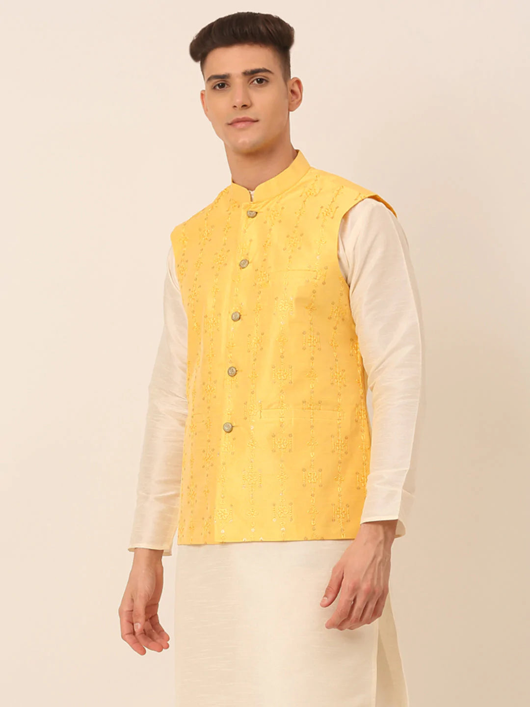 Men Yellow Embroidered Woven Nehru Jackets ( JOWC 4044 Yellow )