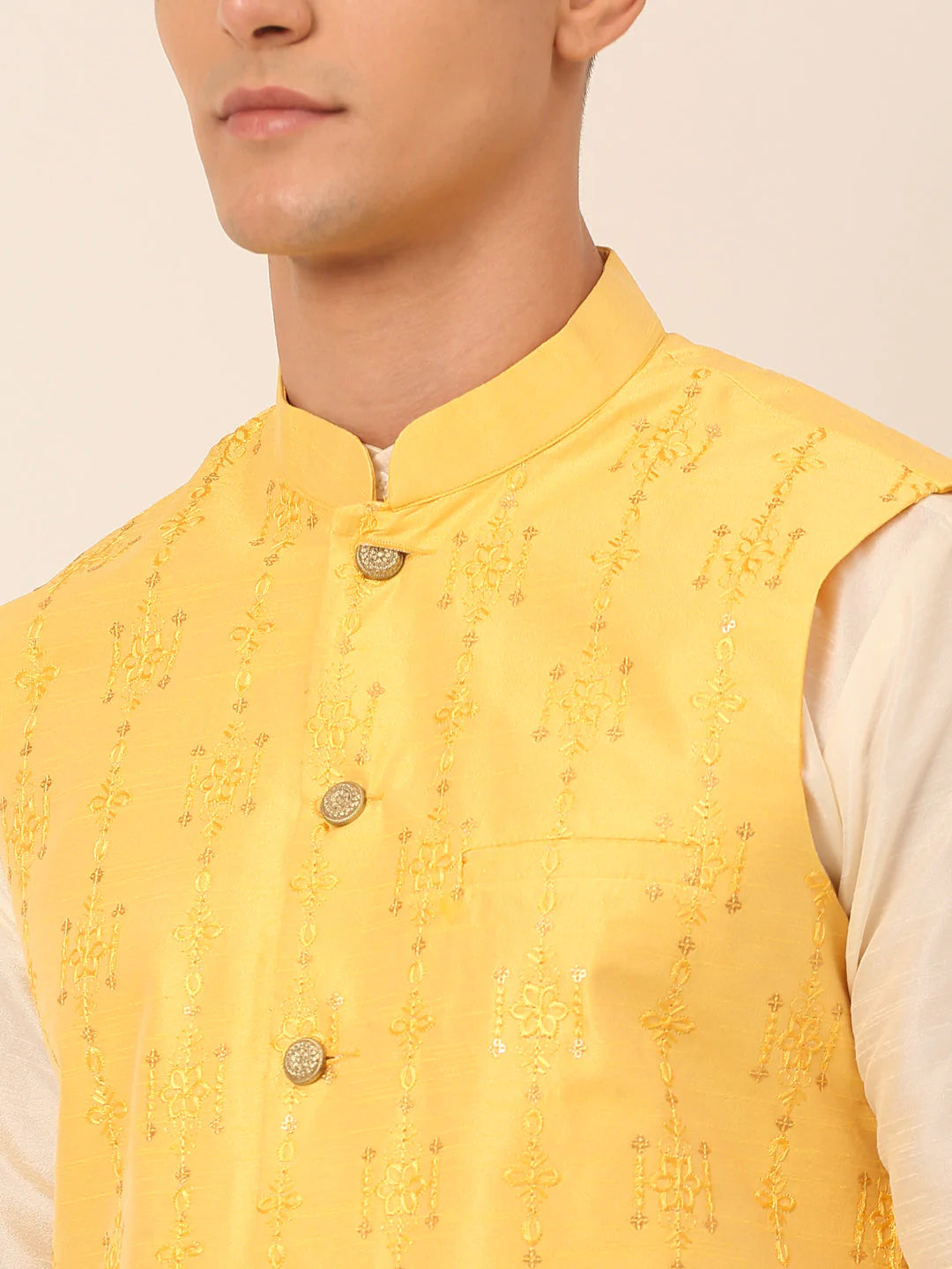 Men Yellow Embroidered Woven Nehru Jackets ( JOWC 4044 Yellow )