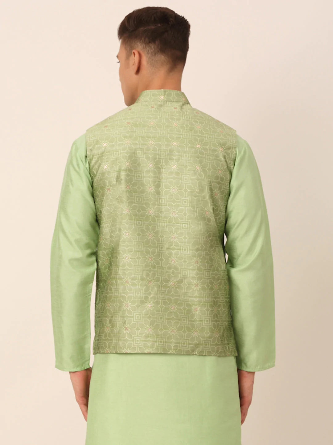 Men Beige & Golden Woven Design Nehru Jackets-JOWC_4045Pista ( JOWC 4045 Pista )