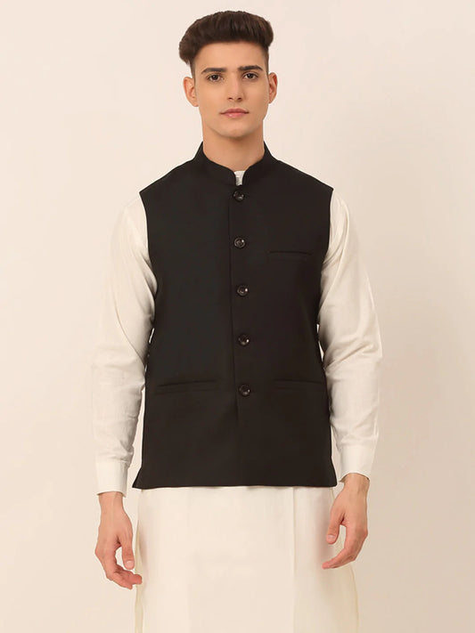 Men Black Solid Woven Sleeveless Nehru Jackets ( JOWC 4046 Black )