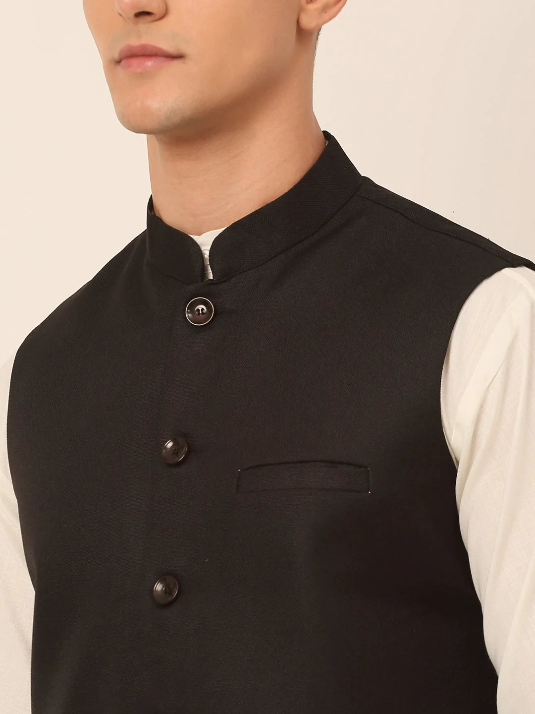 Men Black Solid Woven Sleeveless Nehru Jackets ( JOWC 4046 Black )