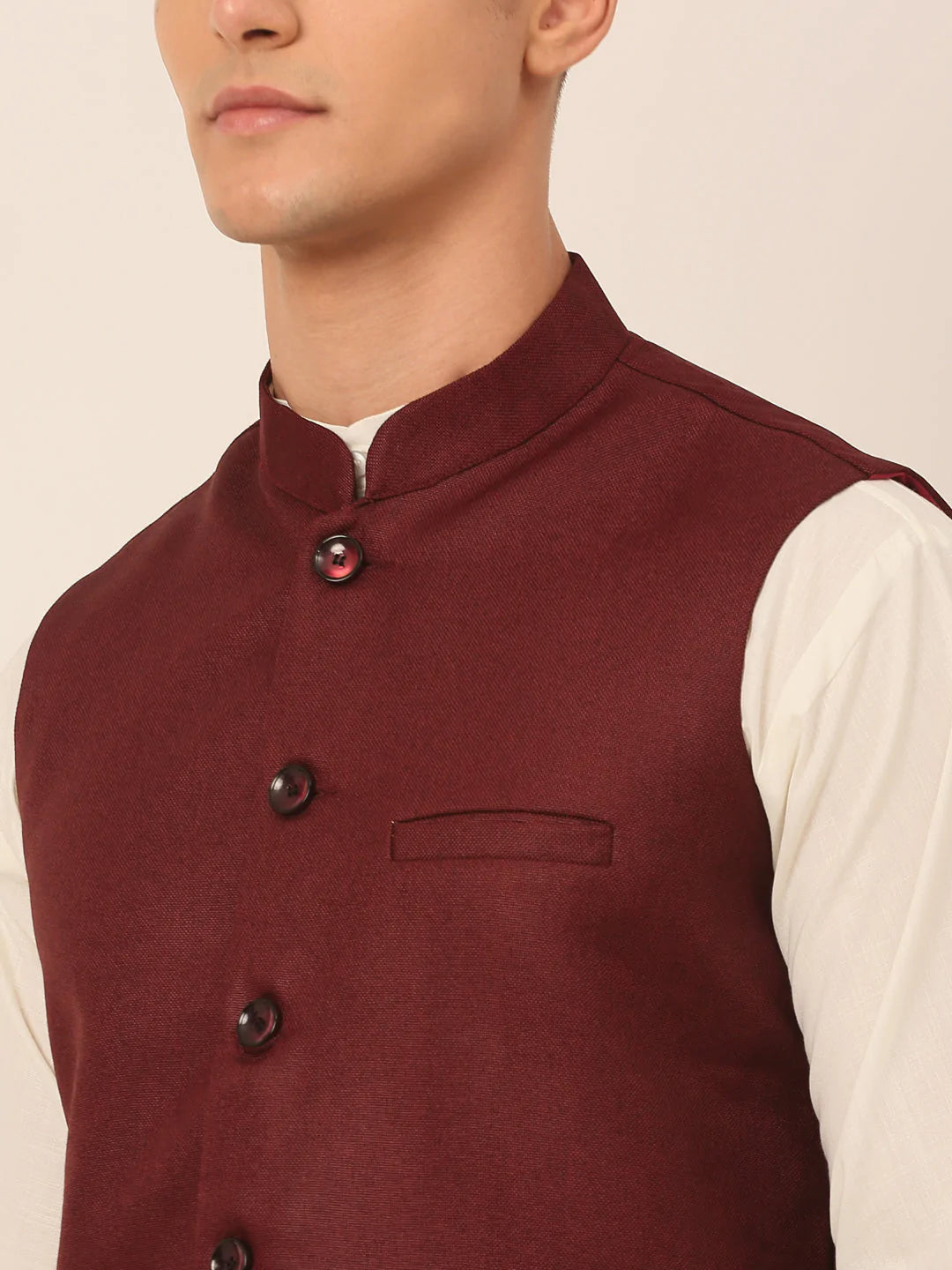 Men Maroon Solid Woven Sleeveless Nehru Jackets ( JOWC 4046 Maroon )