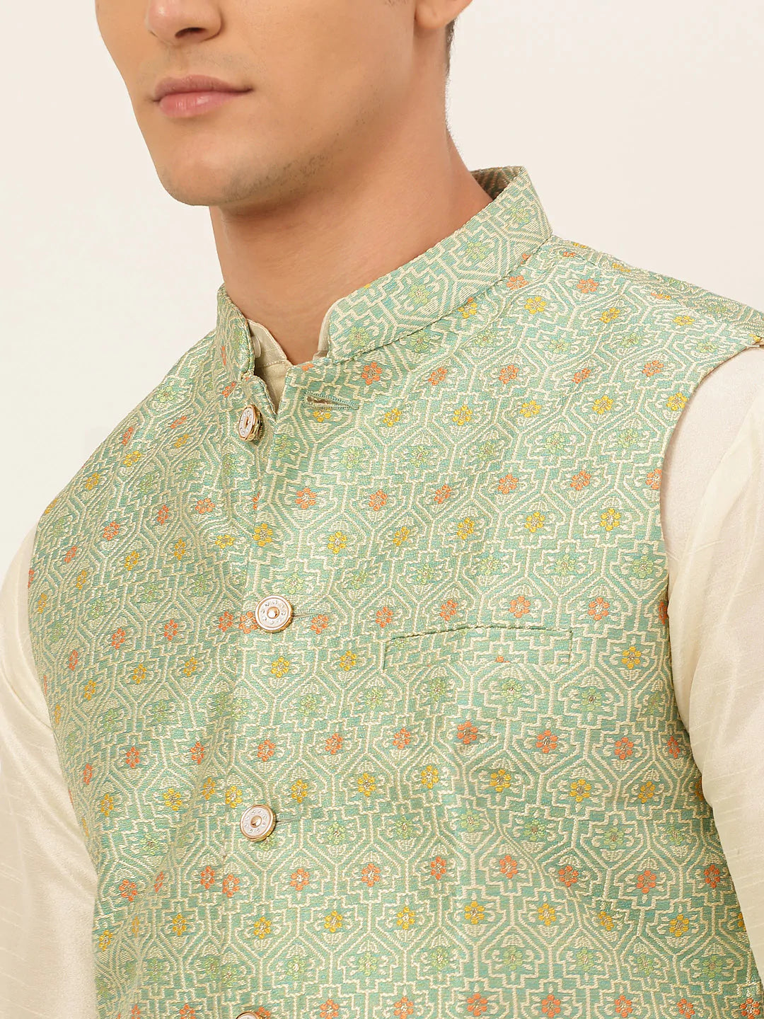Men Green Embroidered Nehru Jacket ( JOWC 4047 Green )