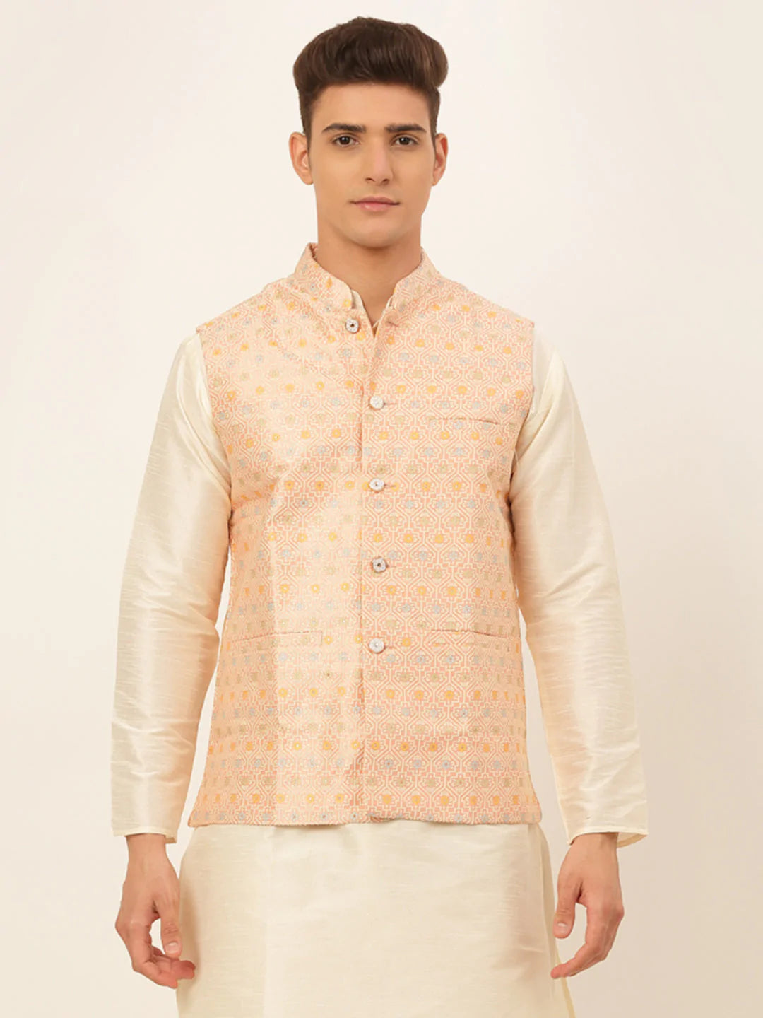 Men Pink Embroidered Nehru Jacket ( JOWC 4047 Pink )