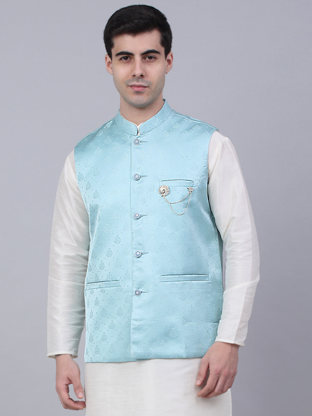 Men's Sky Blue Woven Design Waistcoats ( JOWC 4050Sky )
