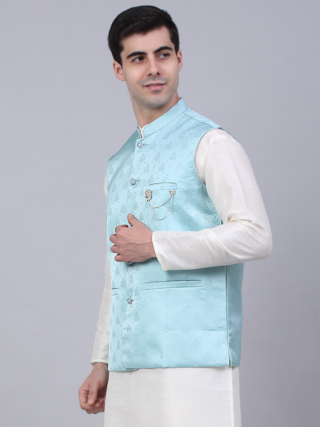 Men's Sky Blue Woven Design Waistcoats ( JOWC 4050Sky )