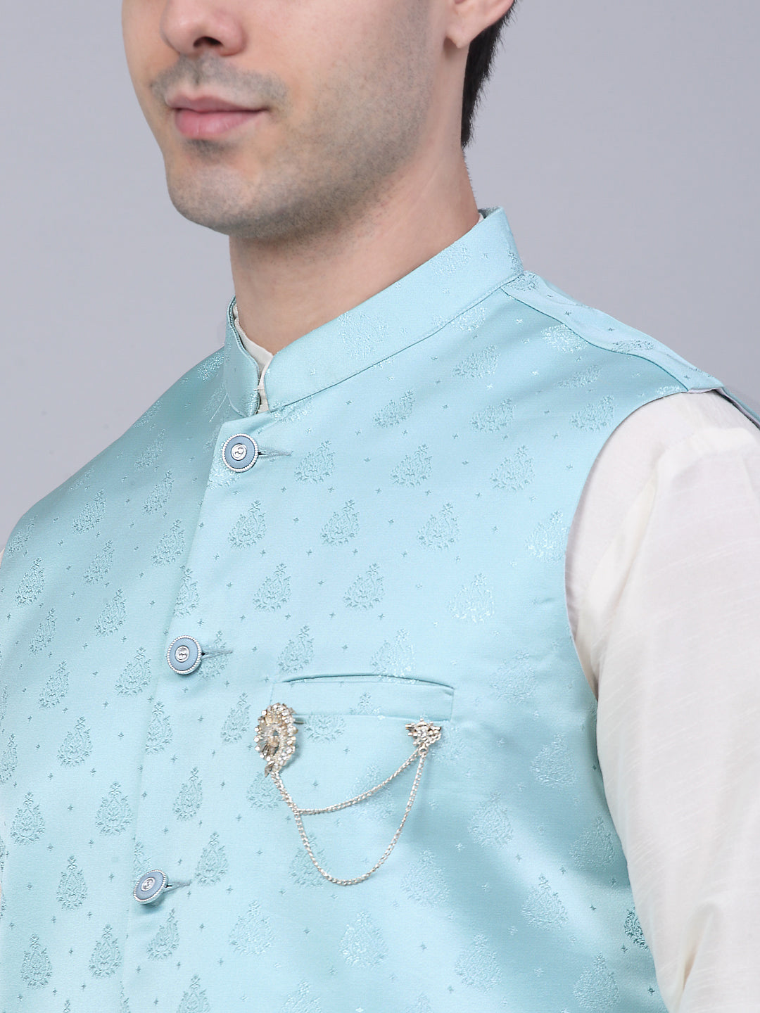 Men's Sky Blue Woven Design Waistcoats ( JOWC 4050Sky )