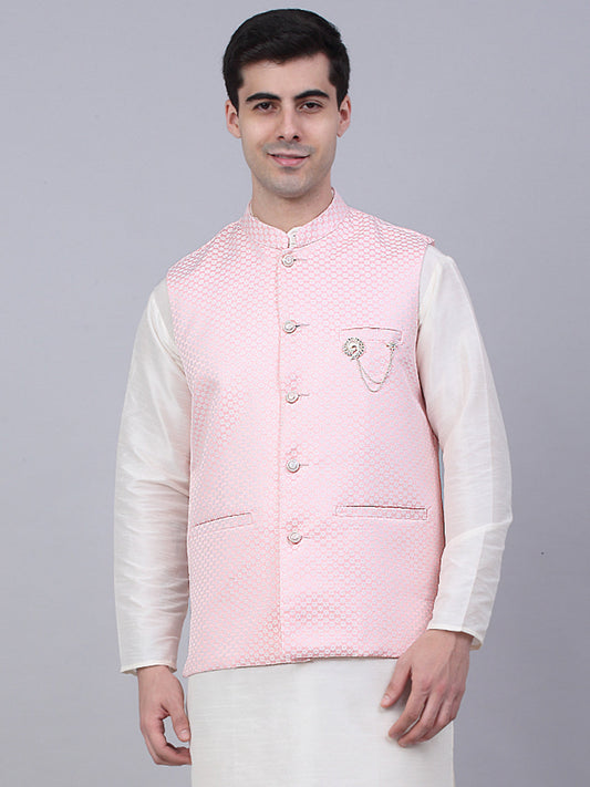 Men's Pink Woven Design Waistcoats ( JOWC 4066Pink )