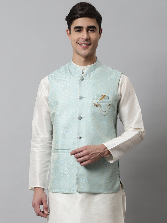 Men's Sky Blue Woven Design Waistcoats ( JOWC 4069Sky )