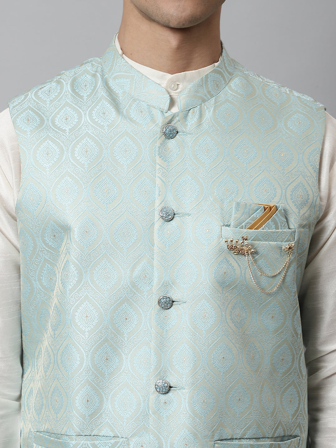 Men's Sky Blue Woven Design Waistcoats ( JOWC 4069Sky )