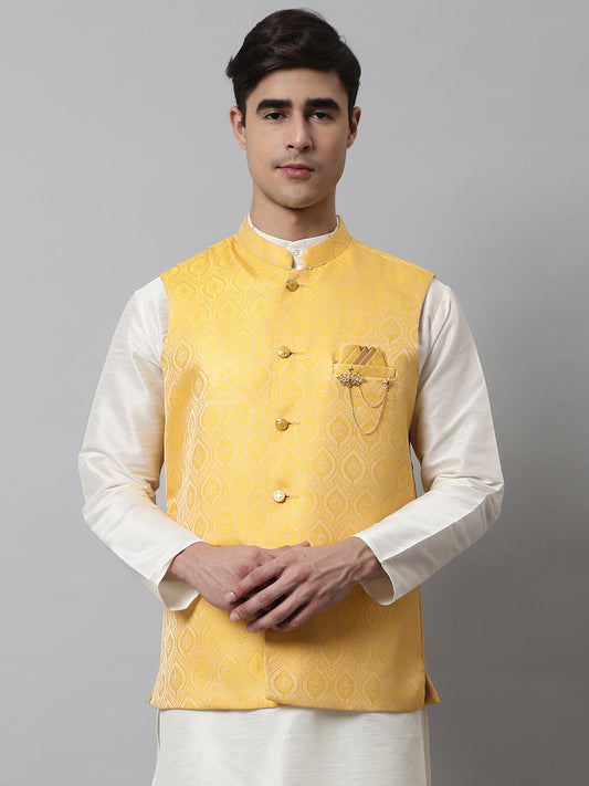 Men's Yellow Woven Design Waistcoats ( JOWC 4069Yellow )