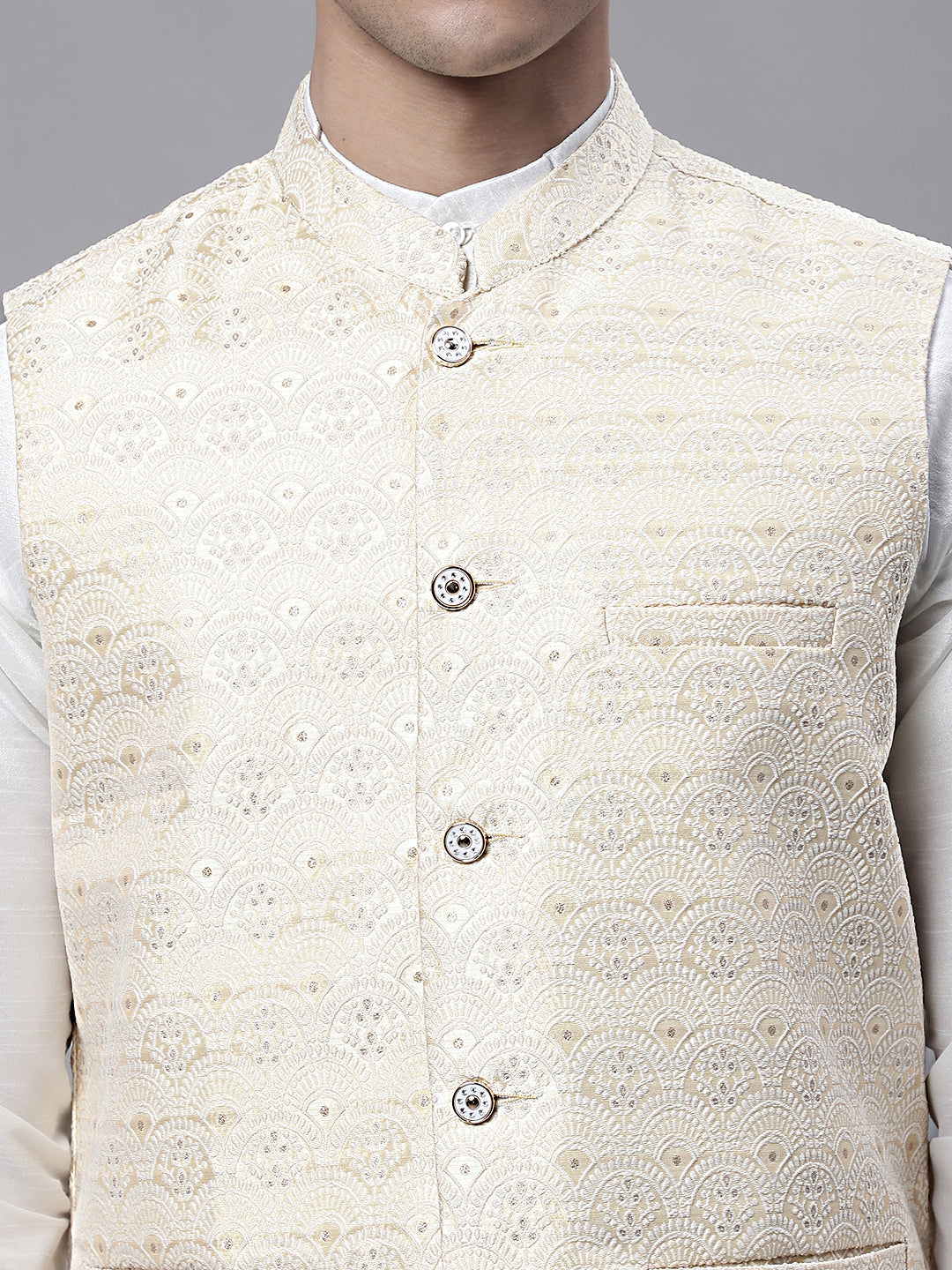 Men Yellow and White Woven Design Nehru Jacket ( JOWC 4073Golden )