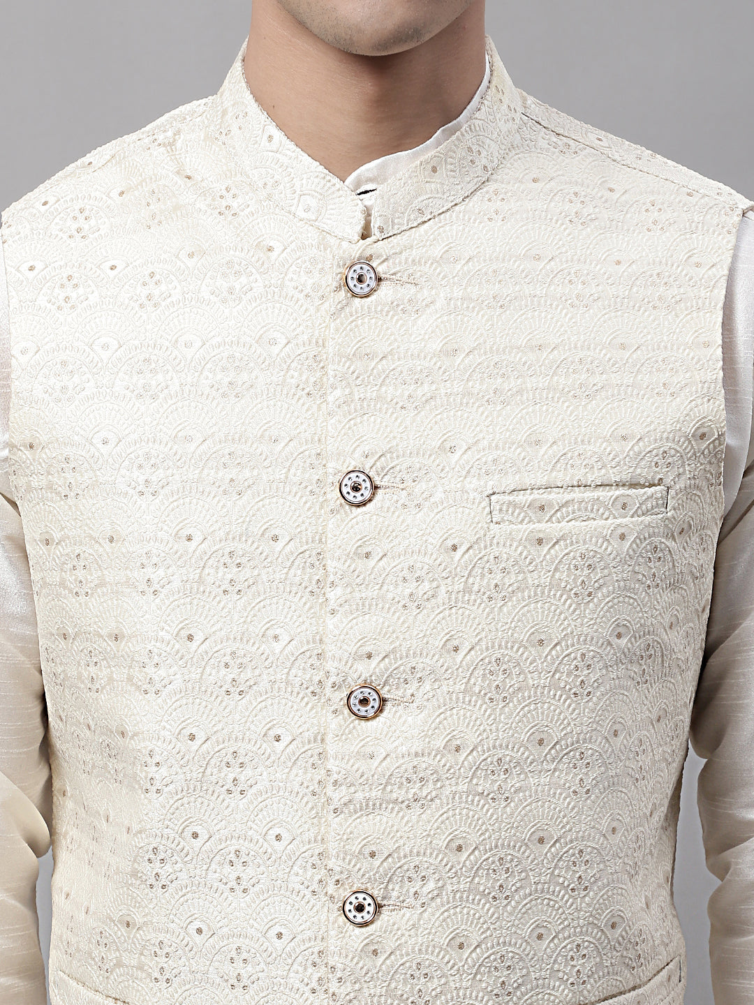 Men Off White Woven Design Waistcoats ( JOWC 4073Off-White )