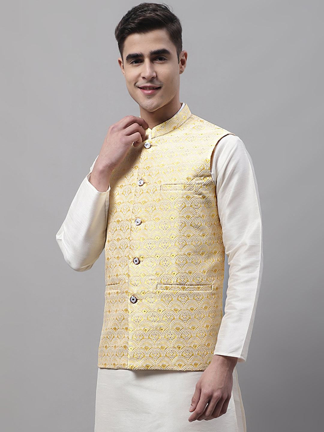 Men Yellow and White Woven Design Waistcoats ( JOWC 4073Yellow )