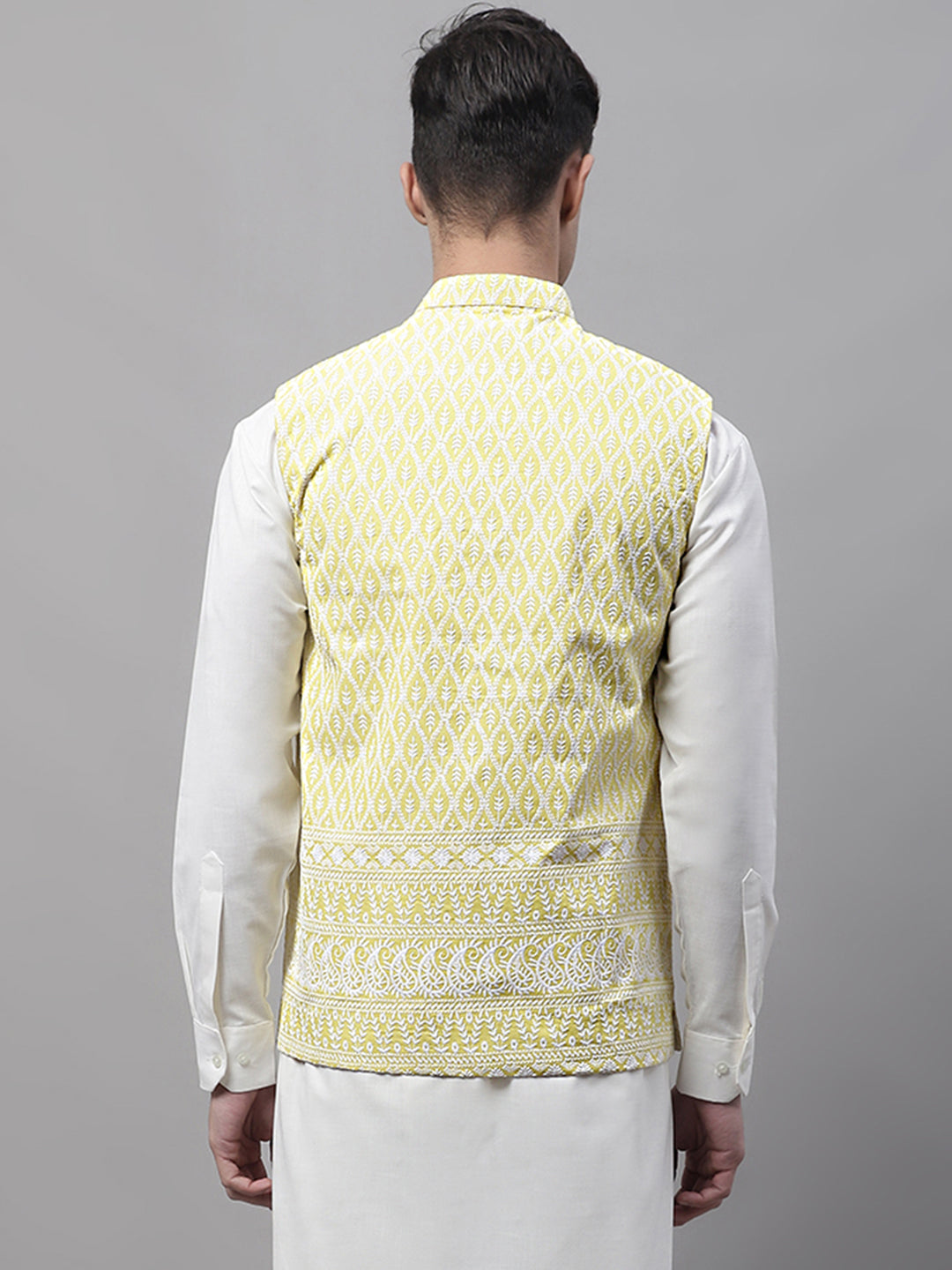 Men Yellow and White Embroidered Waistcoats ( JOWC 4074Yellow )