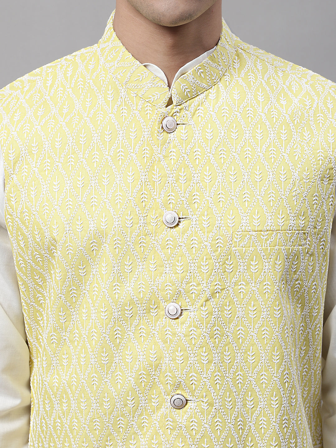 Men Yellow and White Embroidered Waistcoats ( JOWC 4074Yellow )