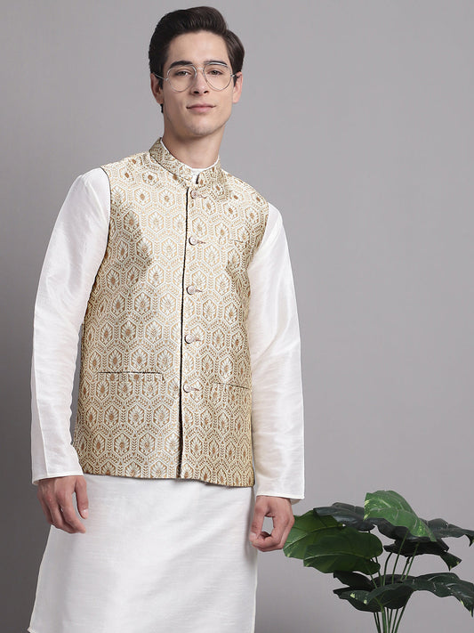 Men's Cream Woven Design Nehru Jacket