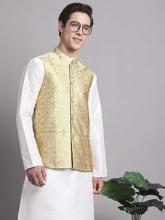 Men's Golden Woven Design Nehru Jacket