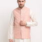 Jompers Men's Peach Peach and White Embroidered Nehru Jacket ( JOWC 4029Peach )