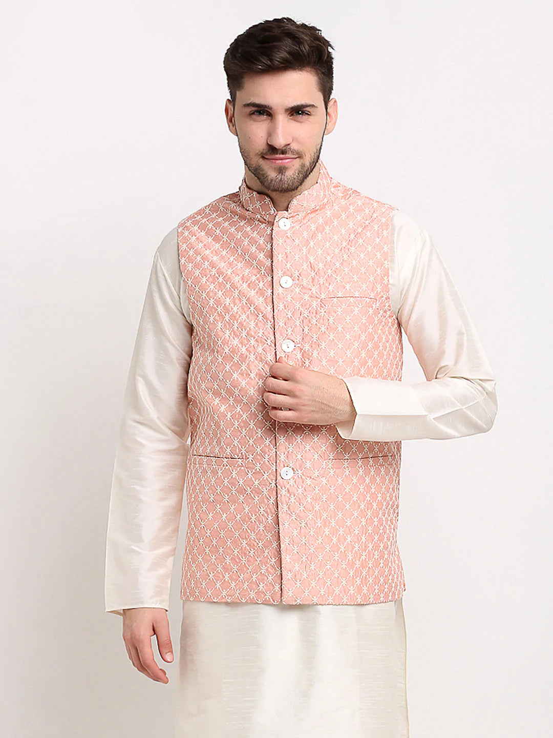 Jompers Men's Peach Peach and White Embroidered Nehru Jacket ( JOWC 4029Peach )