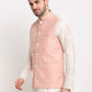 Jompers Men's Peach Peach and White Embroidered Nehru Jacket ( JOWC 4029Peach )