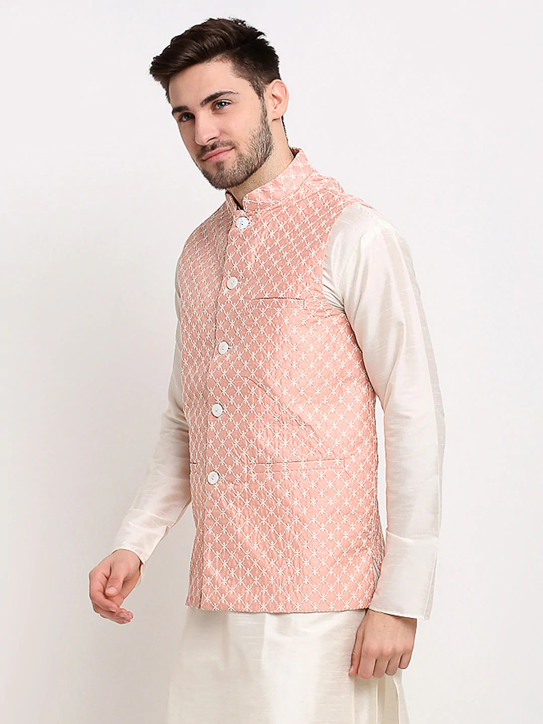 Jompers Men's Peach Peach and White Embroidered Nehru Jacket ( JOWC 4029Peach )