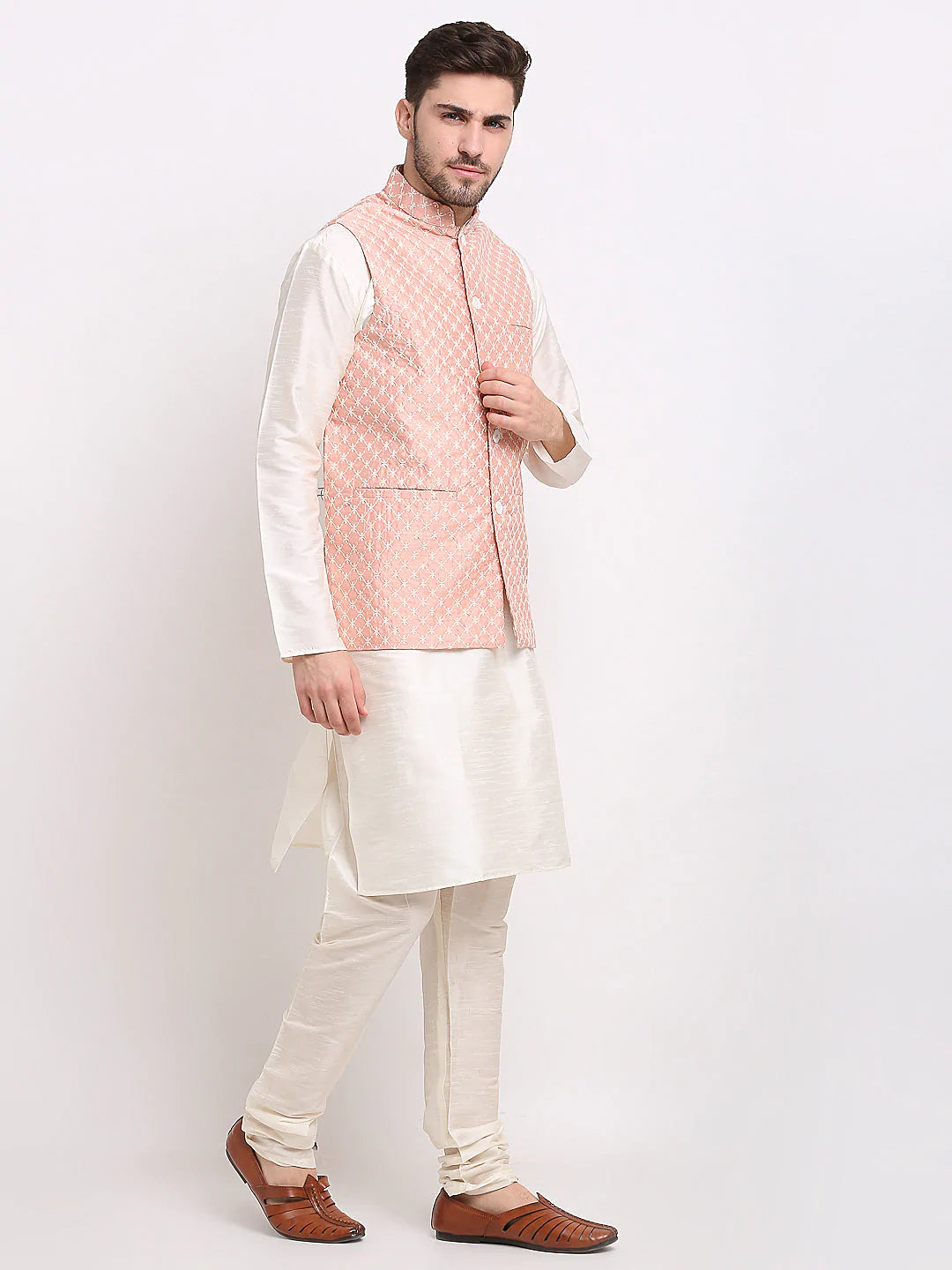 Jompers Men's Peach Peach and White Embroidered Nehru Jacket ( JOWC 4029Peach )