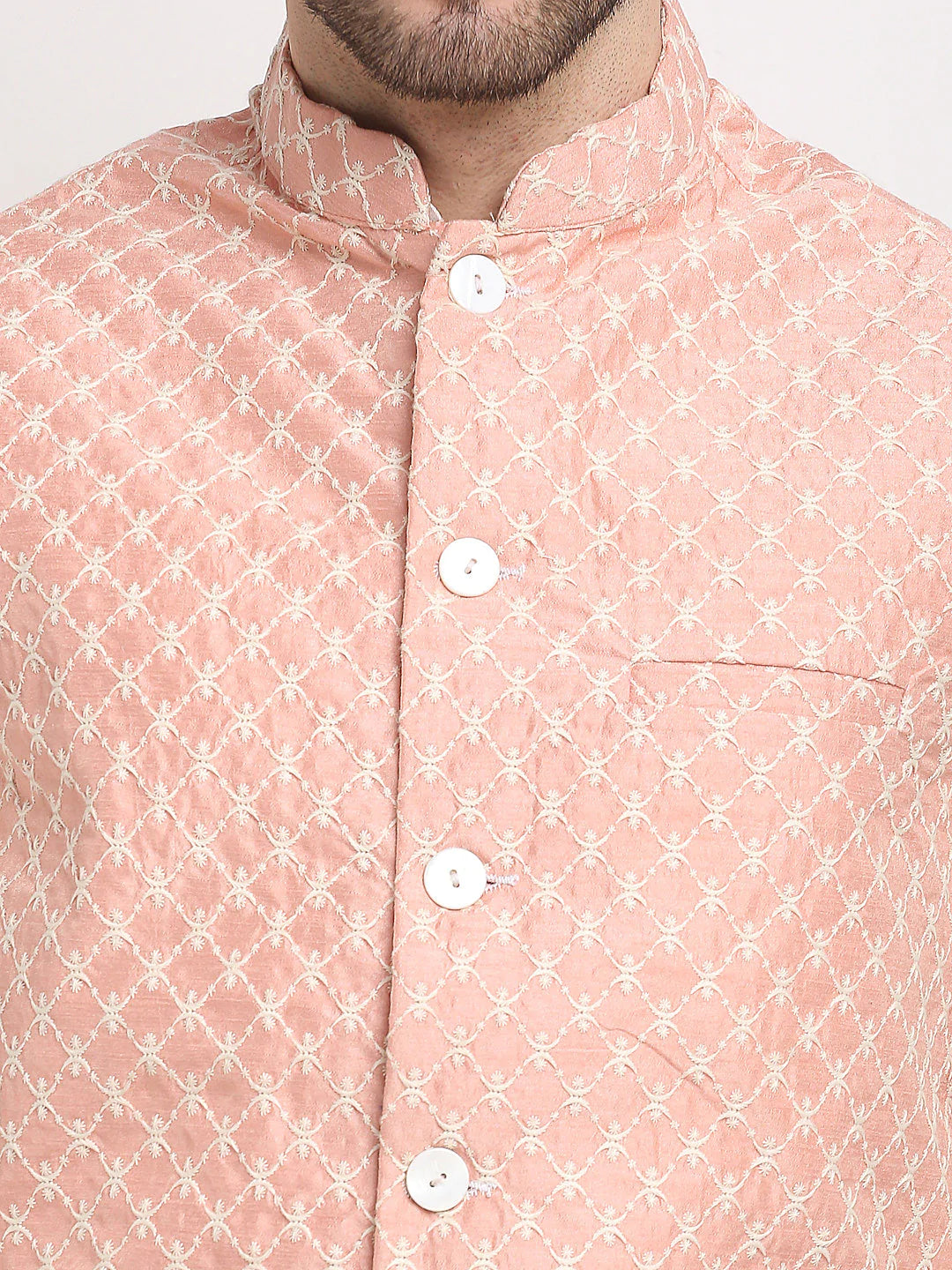 Jompers Men's Peach Peach and White Embroidered Nehru Jacket ( JOWC 4029Peach )