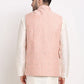 Jompers Men's Peach Peach and White Embroidered Nehru Jacket ( JOWC 4029Peach )