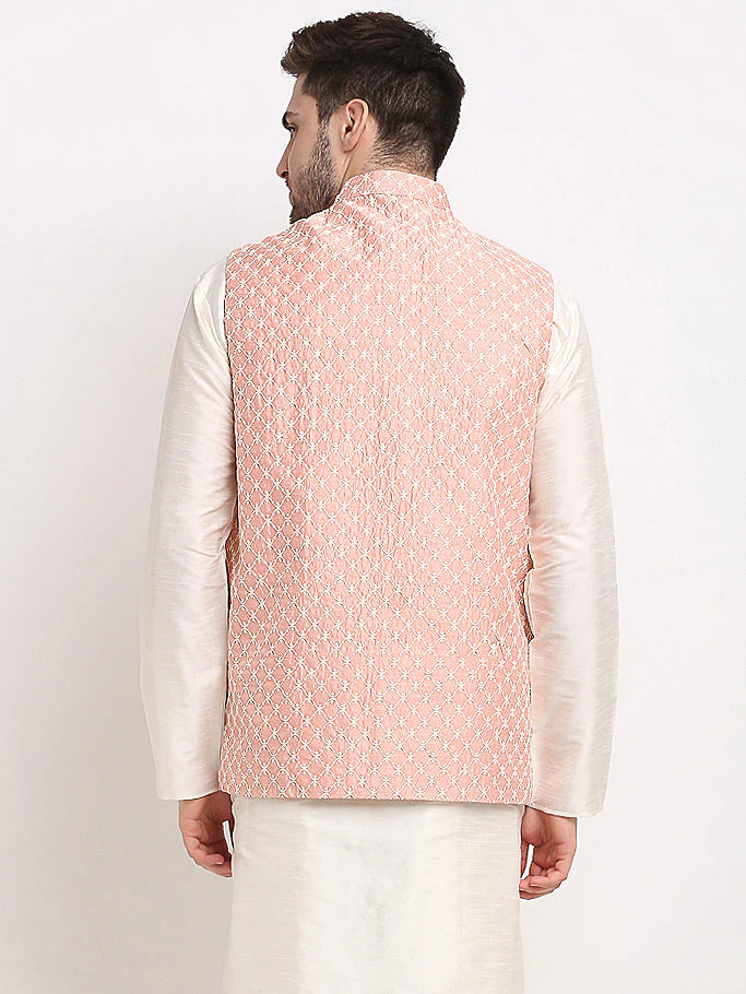 Jompers Men's Peach Peach and White Embroidered Nehru Jacket ( JOWC 4029Peach )