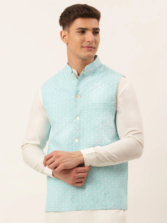 Men's Sky Embroidered Nehru Jackets( JOWC 4041 Sky )