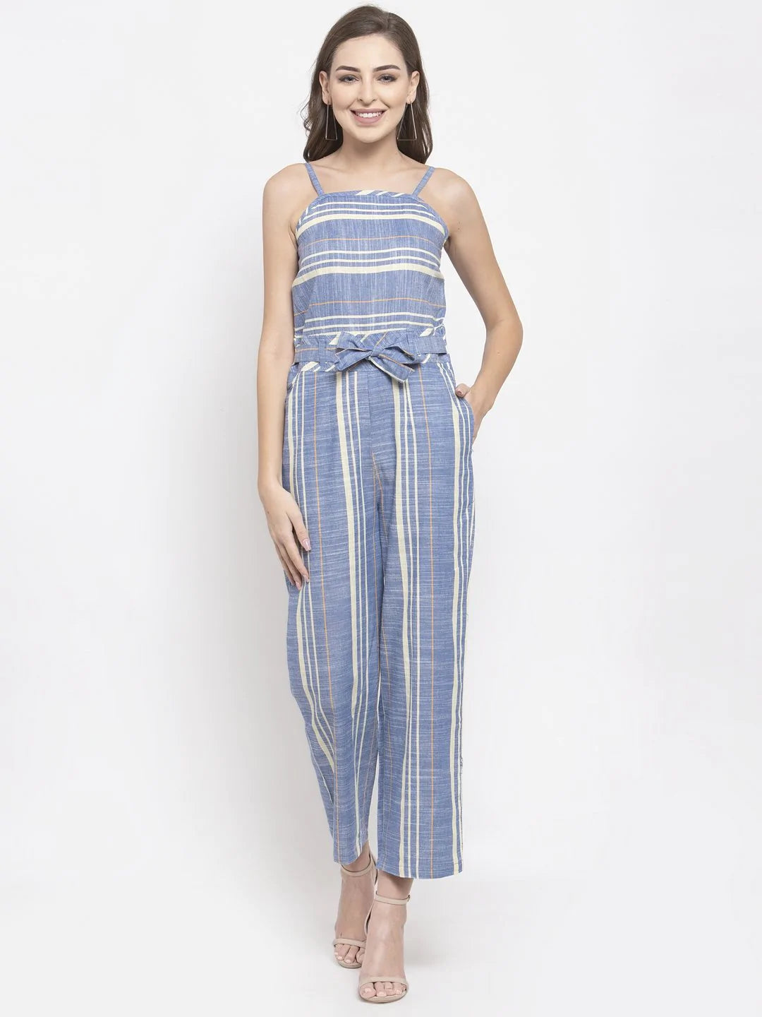 Women Red & Off-White Striped Basic Jumpsuit ( JUP 8001 Red )