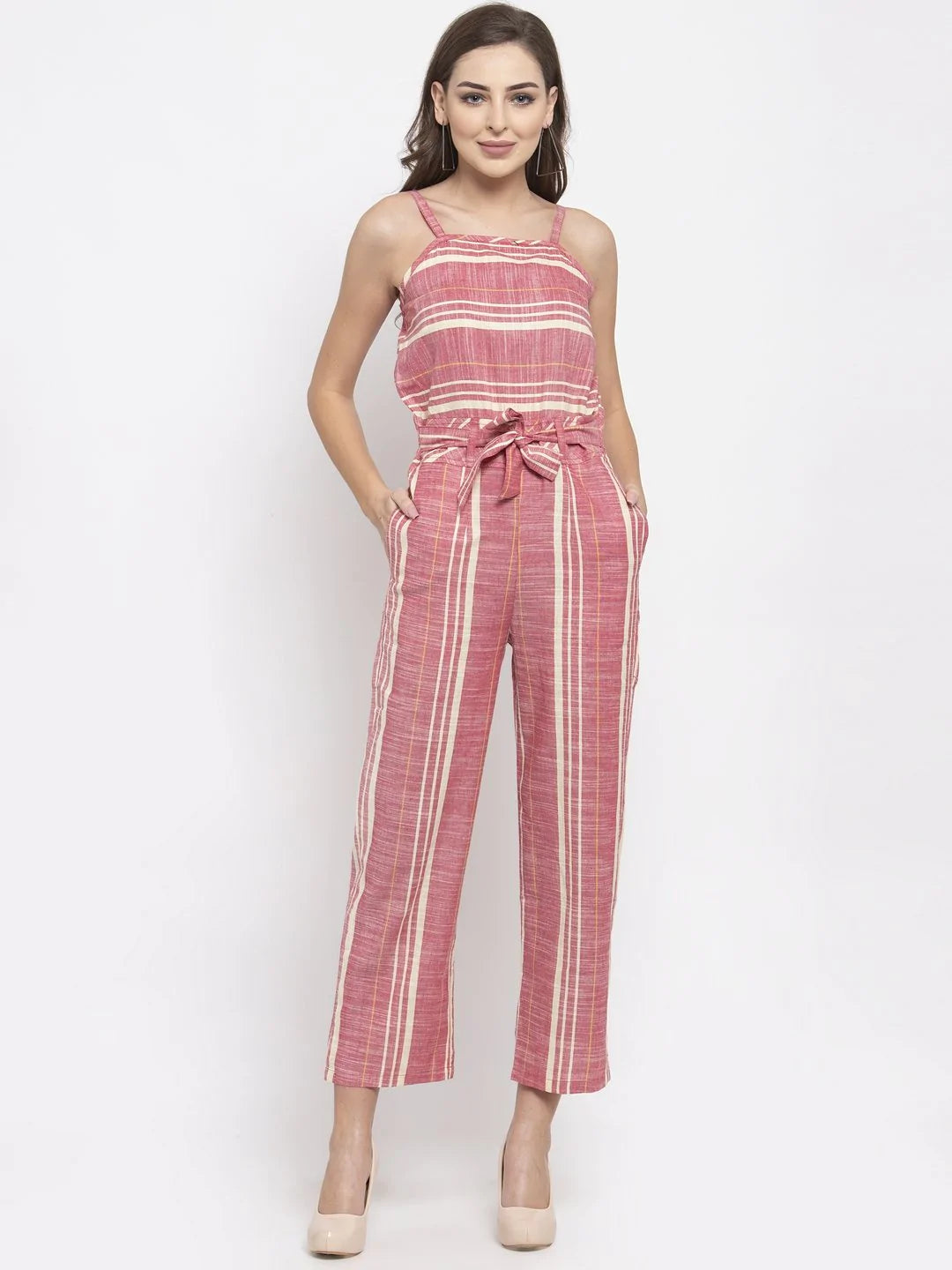 Women Red & Off-White Striped Basic Jumpsuit ( JUP 8001 Red )