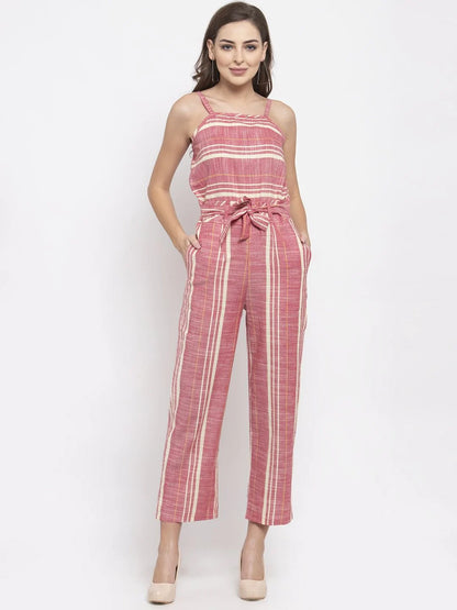 Women Red & Off-White Striped Basic Jumpsuit ( JUP 8001 Red )