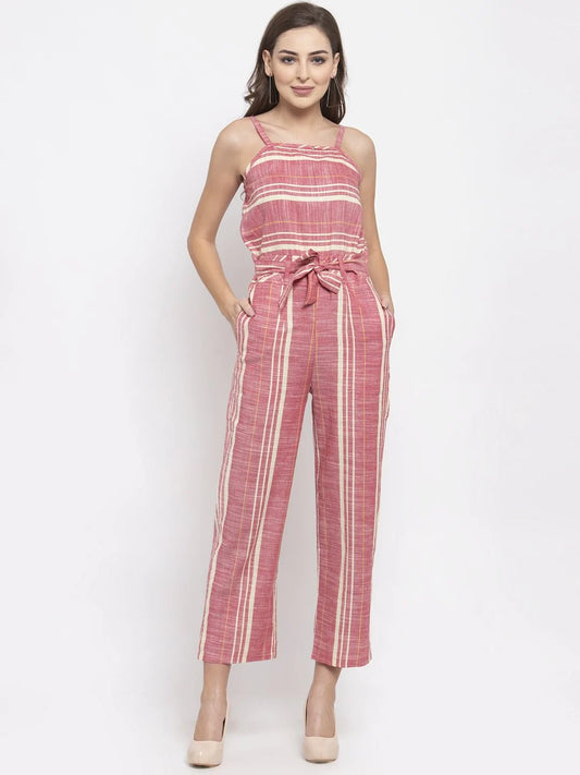 Women Red & Off-White Striped Basic Jumpsuit ( JUP 8001 Red )